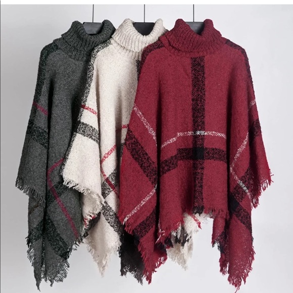LAST 1 Mocha Plaid Stripe Turtleneck Poncho - Picture 3 of 8